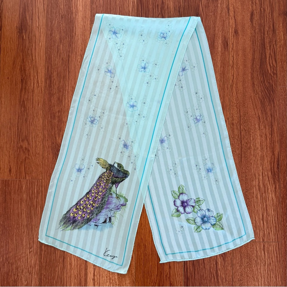 Kenzo Long Silk Neck Scarf Blue Peacock Floral Design 53"